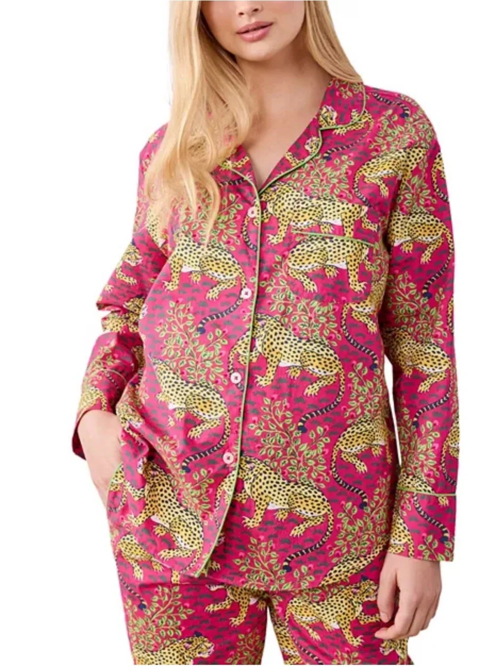 Printfresh Pajama Set Bagheera Cheetah Long Sleeve Button Pink Lightweight- Sz M